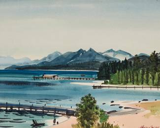 3280 Milford Zornes (1908-2008) Docks with a mountain landscape beyond, 1950 Watercolor on paper Signed and dated lower right: Milford Zornes 50 Sight: 9 1/2 x 14 in. Estimate: $400 - $600