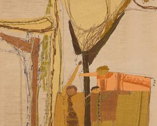 3100 E. Neil (20th century) Abstract expressionist collage Textile collage, pigment, embroidery and woven thread on linen Signed in thread lower right: E. Neil Sight: 36 x 25 7/8 in. Estimate: $600 - $800