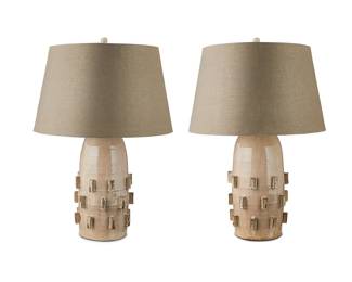 3055 A pair of Contemporary Asian glazed ceramic table lamps Early 21st century The single-light lamps with fabric shades, electrified Each with applied ceramic seal 2 pieces Height of each 18 1/2 in., diameter 8 1/2 in.; height of shades with finial 12 1/4 in., diameter 18 1/4 in. Estimate: $400 - $600
