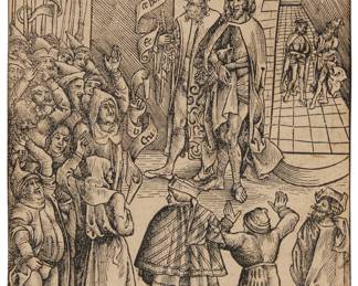 3359 Urs Graf (1483-1525) "Ecce Homo" from the series "Leven en passie van Christus," 1506 Woodcut on laid paper From the edition of unknown size Initialed and titled within the image Image/Sheet: 8 5/8 x 6 1/4 in. Estimate: $300 - $500