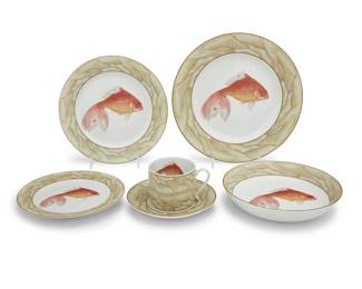 3050 A Mottahedeh porcelain 'Waterdance' part dinner service Late 20th/early 21st century Comprising: 14 dinner plates (10 3/8 in.) 12 salad plates (8 5/8 in.) 15 bread & butter plates (7 1/8 in.) 13 cereal bowls (7 5/8 in.) 9 flat cups (height 2 5/8 in.) 12 saucers (5 7/8 in.) From the Winterthur Adaptation series, each with green printed factory marks 75 pieces Estimate: $700 - $900