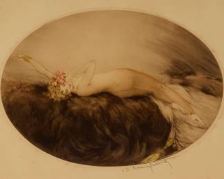3211 Louis Icart (1888-1950) "Venus," 1928 Drypoint, etching, and aquatint in colors with touches of hand coloring on wove paper From the edition of unknown size Signed and inscribed in pencil, and with the artist's windmill blindstamp along the lower platemark: Louis Icart / 258; printed in the plate, near the upper platemark "Copyright 1928 by L. Icart, Paris. Edité par Jourbert et cie. 5 rue Seribe. Paris" Plate: 13 x 19 3/8 in.; Sight: 21 x 27 3/4 in. Estimate: $400 - $600