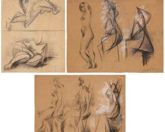 3334 Hans Burkhardt (1904-1994) Three works: Two figures, 1944 Charcoal on brown paper Signed and dated in pencil: H. Burkhardt / 1944, and with the artists embossed monogram, all lower right Sheet: 20 1/4 x 15 1/4 in. Three standing figures, 1947 Pastel on brown paper Signed and dated in blue ink: H. Burkhardt / 1947, and with the artists embossed monogram, all lower right Sheet: 18 1/4 x 24 1/8 in. Three seated figures, 1950 Pastel on brown paper Signed and dated in pencil: H. Burkhardt / 1947, and with the artists embossed monogram, all lower right Sheet: 18 1/4 x 24 1/8 in. Estimate: $400 - $600