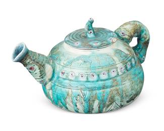 3081 Julie "Juls" Bagish (20th/21st Century) "Sansui" teapot, 1998 Glazed ceramic Incised signature, title, and date to underside: Juls / 98 Height 7 in., width 11 1/2 in., depth 8 3/8 in. Estimate: $200 - $400