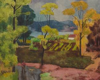 3313 Russell Cowles (1887-1979) "A Rainy Day Upon the Hudson" Oil on canvas Signed lower right: Cowles; titled on a typewritten exhibition label, again on a sticker, and alternatively titled "Rainy Day" in pencil on the stretcher and again on an exhibition label in ink 23 3/4 x 29 in. Estimate: $1,000 - $2,000