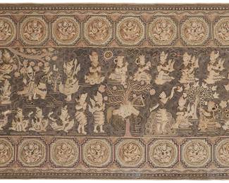3339 A Burmese Kalaga tapestry 20th century, Southeast Asia The large embroidered and appliquéd fabric central panel depicting an elaborate court scene with seated crowned rulers, a horse in passant position, temple dancers, attendants, guards, and guests, featuring multiple sequin accents and soutache braid outlines, professionally mounted on a brown fabric-covered backboard, and encased in a custom acrylic frame Sight 4 ft. 3 1/2 in. x 8 ft. 4 1/2 in. approximately Estimate: $300 - $500