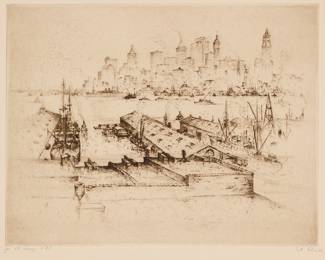 3317 Anton Schutz (1894-1977) A view of Manhattan from Brooklyn Etching in brown-black ink on Rives paper Number 85 from the edition of unknown size and date Signed and inscribed in pencil along lower margin: A. Schutz / fec. et imp. #85 Plate: 10 x 13 in.; Sheet: 12 1/2 x16 in. Estimate: $100 - $150