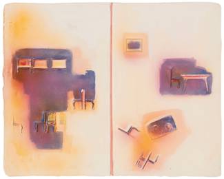 3116 Janice De Loof (1938-2013) Geometric abstract Mixed media including oil on plaster mounted to Masonite Signed and indistinctly inscribed on the mount, verso: Janice De Loof Plaster: 14 3/4 x 18 1/2 in.; Mount: 20 1/2 x 24 in. Estimate: $200 - $300
