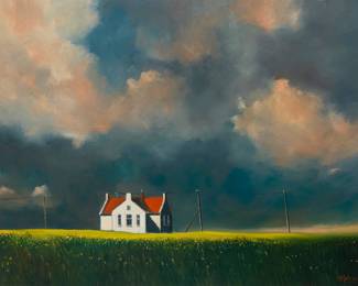 3345 Pieter Molenaar (b. 1946) "Threat in June," 2003 Oil on canvas Signed lower left: P. Molenaar 03; signed again and titled on the stretcher 20 x 24 in. Estimate: $500 - $700