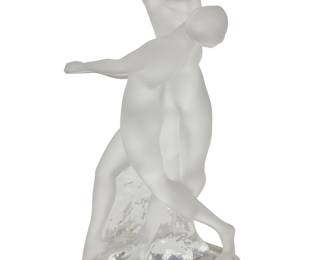 3424 A Lalique glass 'Deux Danseuses' figural group Late 20th century Designed 1960 by Marc Lalique (1900-1977) Depicting two nude dancer figures in frosted and clear glass Etched: Lalique ® France [post-1978]; with factory stickers Height 10 1/4 in., width 5 3/4 in., depth 5 1/8 in. Estimate: $200 - $300