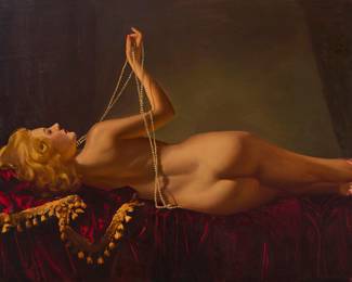 3096 Irving Sinclair (1895-1969) A reclining nude with pearls Oil on Masonite Signed lower right: Sinclair 32 x 48 in. Estimate: $700 - $900