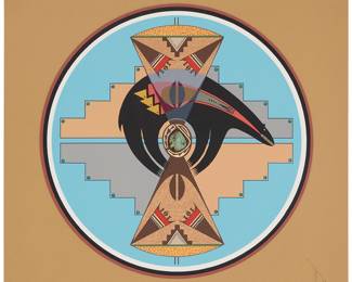 3180 Tony Da (1940-2008, San Ildefonso Pueblo) "Fetish Bear," 1995 Screenprint in colors and turquoise stones on paper Edition: 68/150 Signed with initials and numbered "68-150" in pencil in the lower sheet corners: TDA Image/Sheet: 21 1/8 x 21 in. Estimate: $1,200 - $1,800