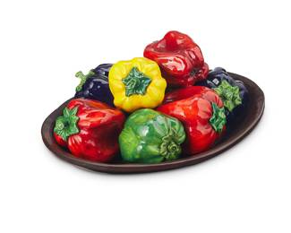 3084 Betty Spindler (b. 1943) "Mix Peppers," 2000 Glazed and painted ceramic Signed and dated to underside: BETTY SPINDLER Height 8 1/2 in., width 17 1/2 in., depth 13 3/4 in. Estimate: $300 - $500