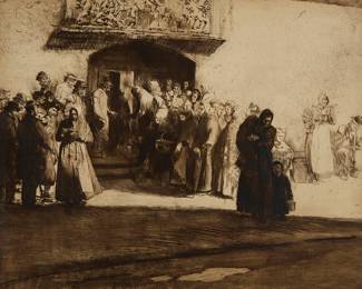 3319 Ferdinand Schmutzer (1870-1928) "Beggars at the Monastery Soup Kitchen," 1906/1907 Etching and aquatint in brown ink on paper From the edition of unknown size Appears unsigned Sight: 16 3/8 x 20 3/8 in. Estimate: $100 - $200