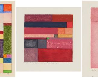 3040 20th Century Abstract School Three works:  "Stops in an Ordinary Garden," 1982 Mixed media including watercolor on paper Signed indistinctly, titled, and dated in pencil along the lower edge: T[***] 82 Sight: 4 7/8 x 4 7/8 in.  "Take 5," 1973 Mixed media including watercolor on paper Signed indistinctly, titled, and dated in pencil along the lower edge: T[***] 73 Sight: 4 3/8 x 4 3/8 in.  "City Three's Forrest Walk Man," 1974 Mixed media including watercolor on paper Signed indistinctly, titled, and dated in pencil along the lower edge: T[***] 74 Sight: 3 3/4 x 3 3/4 in. Estimate: $300 - $500