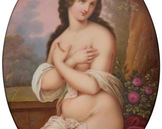 3287 A German painted porcelain portrait plaque Late 19th/early 20th century The oval panel mounted on board in a giltwood frame Signed to painting at right: Didier Height of plaque 6 1/4 in., width 4 3/8 in. Estimate: $400 - $600