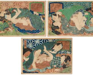 3362 Utagawa Kunisada (Toyokuni III) (1786-1865), Three Shunga prints Three works: Each: Woodcut in color on Japanese laid paper, one with embossed lines Each: From the edition of unknown size and date Each: With various inscriptions in Japanese characters in the upper corners Each, image: 4 3/4 x 3 1/2 in.; Each, sheet: 5 x 3 3/4 in. Estimate: $200 - $300