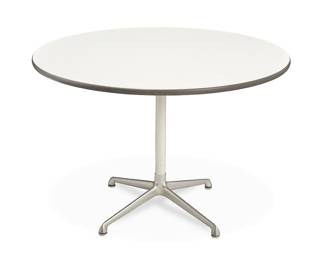 3275 Charles and Ray Eames (1907-1978 and 1912-1988) A Contract base table for Herman Miller, 1984-1999 Designed 1957 The laminated wood top raised on an aluminum standard and four spreading legs With applied factory label to underside Height 28 7/8 in., diameter 42 in. Estimate: $500 - $700