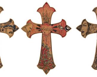 3228 Israel Ruiz (21st Century, Hispanic) Three acrylic and gouache on board crosses, 2023 Each signed and dated; two inscribed and dated verso: Wolfryd Collection Comprising one with Raiders and lowrider imagery, one depicting Virgin Mary motifs, and another with a sacred heart at center 3 pieces Each 22 1/2 x 15 1/2 in. Estimate: $200 - $300