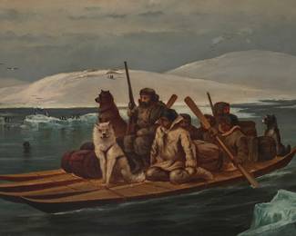 3285 Gideon Jacques Denny (1830-1886) "The American Search Expedition," 1884 Oil on canvas Signed, titled, dated, and inscribed, verso: G.J. Denny / "Gr***sing Simpson's Strait in Kayks.[sic] / Painted by G.J. Denny. / from a sketch by H.W. Klutschak. /San Francisco, Cal. / April 20th 1884" 20 x 30 in. Estimate: $1,000 - $2,000