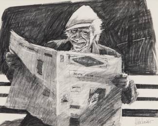 3385 Aldo Luongo (b. 1941) Gentleman reading a newspaper Lithograph on paper From the edition of unknown size and date With the signature printed as part of the image, lower right Sight: 15 x 19 in. Estimate: $400 - $600