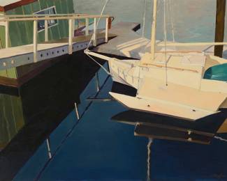3197 Joseph Knowles Sr. (1907-1980) "Marina #10," 1977 Oil on Masonite Signed and dated lower right: Joseph Knowles Sr. / '77; Signed, titled, and inscribed "Joseph Knowles Sr / 5926" in ink, verso 30 x 40 in. Estimate: $600 - $800