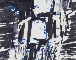 3111 Mike Rivero (b. 1959) "Personaje One" Ink and acrylic on paper Signed lower right: Rivero; signed "Mike Rivero," titled, and with the artist's "Wilfredito" device, all on the frame's backing board Sight: 5 3/8 x 3 3/8 in. Estimate: $300 - $500