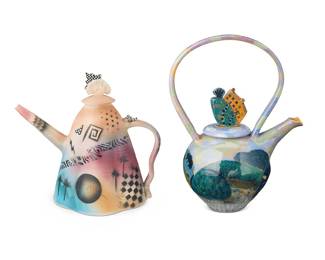 3061 Two studio ceramic teapots Two works: Caroline Koons (20th/21st Century) A bisque ceramic teapot with figural painted decoration, 1991 Incised signature and date: C KOONS Height 10 1/4 in., width 11 in., depth 6 in. Vaughan L. Smith (20th/21st Century) A glazed ceramic teapot, 1995 Pot signed and dated: Vaughan L. Smith 95 ©; stamped with undecipherable mark; lid signed and dated: Jacqueline M. Cohen © 1993 Height 12 5/8 in., width 9 1/4 in., depth 6 1/2 in. 2 pieces Estimate: $200 - $400