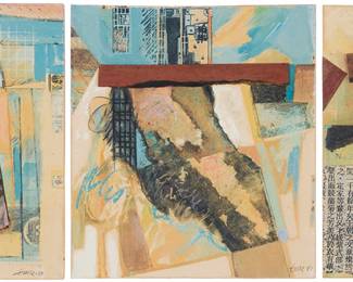 3290 Stanley Grosse (b. 1930) Three works: Untitled abstracts, 1989 Each: Mixed media including acrylic, pastel, ink, and paper collage on canvas Each: Signed and dated in pencil lower right: Grosse 89 Largest: 8 1/2 x 7 in. (slight variations); Smallest: 8 x 7 in. Estimate: $300 - $500