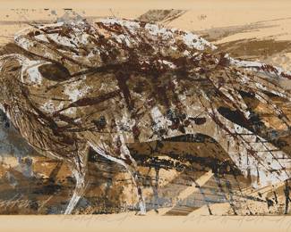 3044 Howard Bradford (1919-2008) "Fieldbird," 1957 Screenprint in colors on paper Edition of 125 Signed, titled, dated, and numbered in pencil in the lower margin: Howard Bradford 57; signed again in the lower left as part of the image Image: 6 x 11 3/4 in.; Sight: 7 x 12 3/8 in. Estimate: $50 - $100