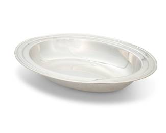 3155 An International sterling silver 'Lord Saybrook' oval dish Mid/late 20th century Designed 1959 With factory mark for style, sterling, and numbered: X123-1 Height 1 1/2 in., width 8 3/4 in., depth 11 1/4 in. 11 oz. troy approximately Estimate: $600 - $800