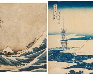 3141 Katsushika Hokusai (1760-1849) Two works: "The Great Wave off Kanagawa" from the series "Thirty-Six Views of Mount Fuji," 1831 Woodcut in colors on Japanese laid paper From the edition of unknown size and date and with trimmed margins With the printed signature and other various Japanese characters in the upper left Image/Sheet: 9 1/4 x 14 1/2 in. "Mount Fuji from the Roof of the Hongan Temple" from the series "Thirty-Six Views of Mount Fuji," circa early 1830s Woodcut in colors on two sheets of Japanese rice paper pieced together From the edition of unknown size and date, margins trimmed With the printed signature and other various Japanese characters in the upper left Image/Sheet: 10 1/8 x 15 in. Estimate: $300 - $500