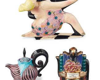 3072 Three studio ceramic teapots Three works: Steven McGovney & Tammy Camarot (20th/21st Century) A figural glazed ceramic teapot, 1990s Signed to base: MCGOVNEY / CAMAROT Height 11 7/8 in., width 15 in., depth 5 in. Jerry Berta (20th Century) A glazed ceramic teapot in the form of the Star Theater showing "It's a Wonderful Life," 1993 Signed and dated verso: Jerry Berta Height 8 in., width 7 1/4 in., depth 5 7/8 in. An onion-form glazed ceramic teapot, late 20th century Unmarked Height 7 1/8 in., width 8 5/8 in., depth 5 1/8 in. 3 pieces Estimate: $400 - $600