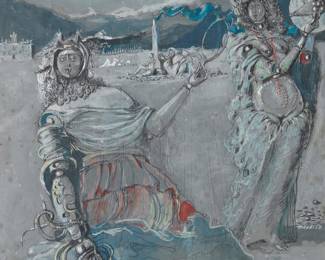 3274 Rosario Murabito (1907-1972) "I Capricci di Vallecchia," 1965 Pencil and gouache on Masonite Signed and dated center right: Murabito 1965; titled and inscribed "A Giulio Elena / e Max Carissimi / Rosario e Graziella" lower left and lower right, respectively; signed, dated and inscribed "Rosario Murabito / 1965 / JM2" in pencil verso 11 3/4 x 9 3/4 in. Estimate: $400 - $600