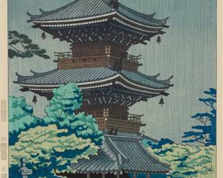 3283 Takeji Asano (1900-2002) "Rain in Shinnyodo" Woodcut in colors on paper From the edition of unknown size and date With Japanese characters stamped in ink or printed as part of the image in the lower left image corner and the left margin; with the printed title in the lower margin Image: 14 3/8 x 9 1/2 in.; Sight: 14 7/8 x 10 1/4 in. Estimate: $300 - $500
