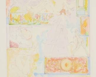 3229 20th century abstract figural school "Reflecting Tours [?]", 1985-88 Colored pencil, pencil, and watercolor on paper Signed, partially indistinctly titled, and dated in pencil along the lower edge of the image Sight: 7 x 7 in. Estimate: $200 - $400