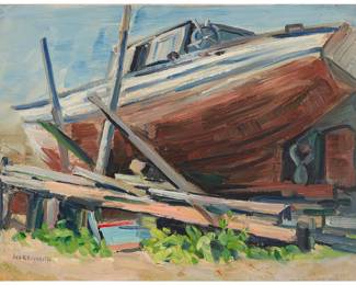 3330 George Kennedy Brandriff (1890-1936) "Bob-Bee" Oil on canvas board Signed lower left: Geo. K. Brandriff; inscribed in ink "name of Trap Boat / 'Bob-Bee' 4A-134 / Ancient Wreck. / P-town." verso 12 x 16 in. Estimate: $500 - $700