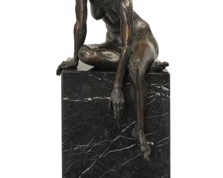 3029 Thomas (Tom) Holland (1917-2004) "Ondine," 1971 Patinated polybronze on marble plinth Edition: 8/100 in addition to 10 artist's proofs Incised signature, edition, and date to figure's foot: Holland Height of figure 43 3/4 in., width 25 1/2 in., depth 24 in.; height of plinth 33 1/4 in., width 24 3/4 in., depth 18 3/4 in.; height overall 58 3/4 in. Estimate: $400 - $600