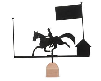 3244 An American painted metal figural weathervane Late 20th century Mounted on a stone base Height 41 1/2 in., width 45 in., depth 7 1/4 in. Estimate: $500 - $700