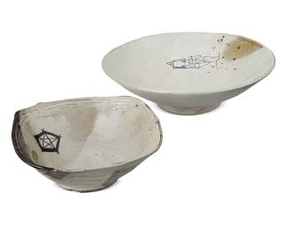 3311 Robert Brady (b. 1946) Two glazed studio pottery bowls, late 20th/early 21st century Each impressed with potter's chop mark; one with applied gallery label 2 pieces Height of larger 4 3/4 in., width 16 1/4 in., depth 16 1/8 in.; height of smaller 4 1/4 in., width 11 1/2 in., depth 11 1/4 in. Estimate: $200 - $300