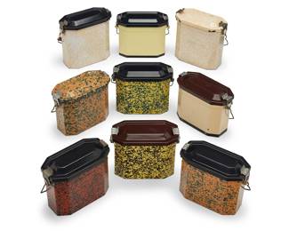 3130 A group of French graniteware lunch pails Mid-20th century The enameled metal lunch containers, each with swing handle and most with aluminum insert 9 pieces Height of largest 5 7/8 in., width 6 3/8 in., depth 3 3/8 in. Estimate: $300 - $500
