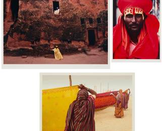 3157 Lisa Kristine (b. 1965) Three works: "Lalibela Church," 1999 Photograph in colors on paper mounted to paperboard, as issued From the edition of unknown size Signed, titled, and dated in pencil on the mount, below the image: Lisa Kristine / 1999 Image/Sheet: 14 1/4 x 19 3/4 in. "Drying Saris," 2004 Photograph in colors on paper From the edition of unknown size Signed, titled, and dated in pencil on the overmat, below the image: Lisa Kristine / 2004 Image: 10 1/2 x 14 1/2 in.; Sight: 11 1/2 x 15 1/2 in. "Red Sadhu," 1998 Photograph in colors on paper mounted to paperboard, as issued From the edition of unknown size Signed, titled, and dated in pencil on the mount, below the image: Lisa Kristine / 1998 Image/Sheet: 9 3/4 x 7 in. Estimate: $500 - $700