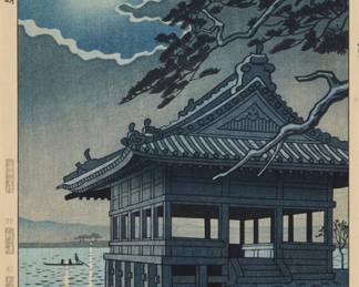 3265 Takeji Asano (1900-2002) "Moonlight in Wakanouva Wakayama" Woodcut in colors on paper From the edition of unknown size and date With Japanese characters stamped in ink or printed as part of the image in the lower left image corner and the left margin; with the printed title in the lower margin; stamped "Made in Japan" in ink in the margin lower right Image: 14 1/4 x 9 1/2 in.; Sight: 15 1/8 x 10 3/8 in. Estimate: $300 - $500
