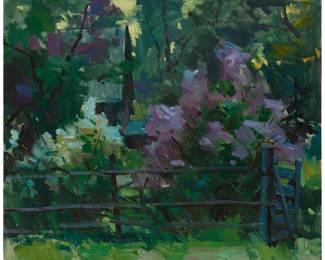 3185 Sergei Bongart (1918-1985) A fence, lilacs, and a barn in a lush landscape Oil on canvas Unsigned; inscribed "115" in black in on the stretcher; inscribed indistinctly on the stretcher 30 x 35 7/8 in. Estimate: $400 - $600