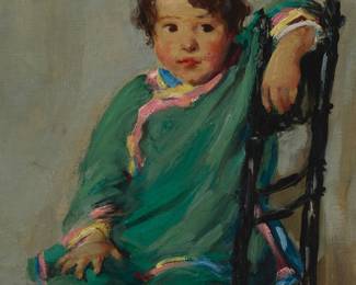 3245 20th Century American School Young child in a chair Oil on canvas Signed indistinctly upper left 24 1/4 x 20 in. Estimate: $400 - $600