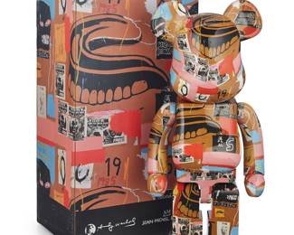 3410 After Jean-Michel Basquiat and Andy Warhol X BE@RBRICK Figure #2 1000% after "Dentures/Keep Frozen" (1986), 2021 Produced by Medicom Toy, Tokyo, in original packaging In collaboration with the estate of Andy Warhol and Jean-Michel Basquiat With factory marks to underside of foot Height 28 1/2 in., width 13 in., depth 10 in.; height of box 31 3/4 in., width 16 1/4 in., depth 12 1/2 in. Estimate: $200 - $300