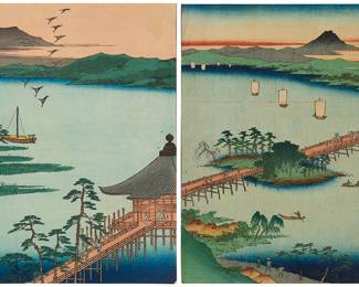 3372 Utagawa Hiroshige (1797-1858) Two works: "Descending Geese at Katada" from "Eight Views of Omi" ("Ômi hakkei"), 1857 Woodcut in colors on Japanese laid paper From the edition of unknown size and date With a red chop mark lower left Sheet: 10 1/2 x 8 3/4 in. "Sunset Glow at Seta" ("Seta sekishô") from "Eight Views of Omi" ("Ômi hakkei"), 1857 Woodcut in colors on Japanese laid paper From the edition of unknown size and date With a red chop mark lower right Sheet: 10 1/2 x 8 3/4 in. Estimate: $200 - $300