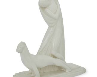 3103 Oscar De Clerck (1892-1968) Woman with panther, 1924 Glazed earthenware Stamped with Manufacture Impériale et Royale de Nimy factory mark Height 19 3/8 in., width 16 3/4 in., depth 6 1/4 in. Estimate: $300 - $500