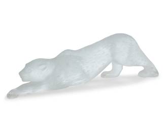 3200 A Lalique frosted glass 'Zeila' panther Late 20th century Designed 1989 by Marie-Claude Lalique (1935-2003) Etched: Lalique ® France Height 4 1/4 in., length 14 3/4 in., width 2 3/4 in. Estimate: $600 - $800