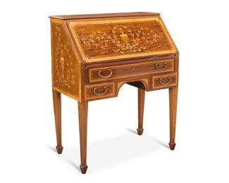 3227 A Neoclassical style marquetry slant front desk 20th century With marquetry urns and foliate designs to side and locking hinged front, opening to reveal multiple compartments, drawers, and letter cubbies, above pull-out supports and three drawers, raised on attenuated legs with spade feet Height 40 in., width 32 1/4 in., depth 19 1/2 in. Estimate: $400 - $600